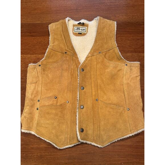 XL Vintage Chess King Sherpa Lined Suede Western Cowboy Vest 70s Snap - Picture 1 of 12